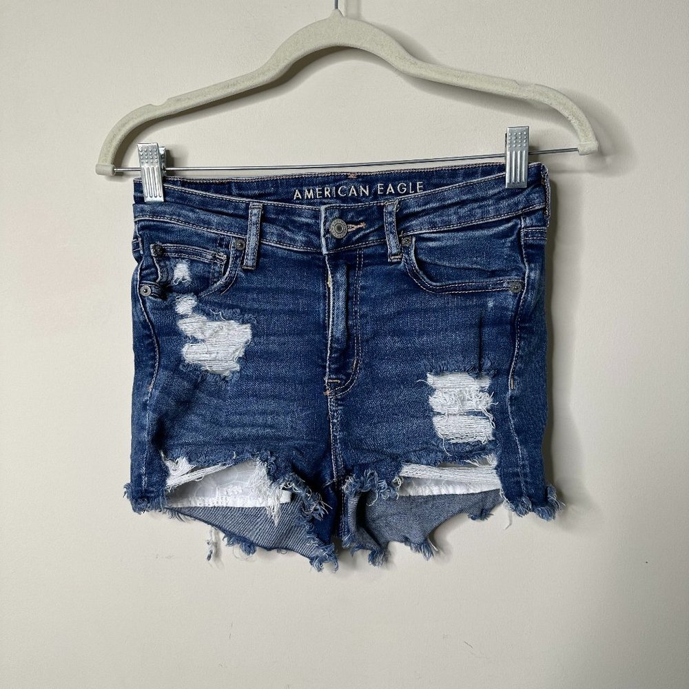 American Eagle Blue High V-Rise Shortie Distressed Denim Shorts Women's 4